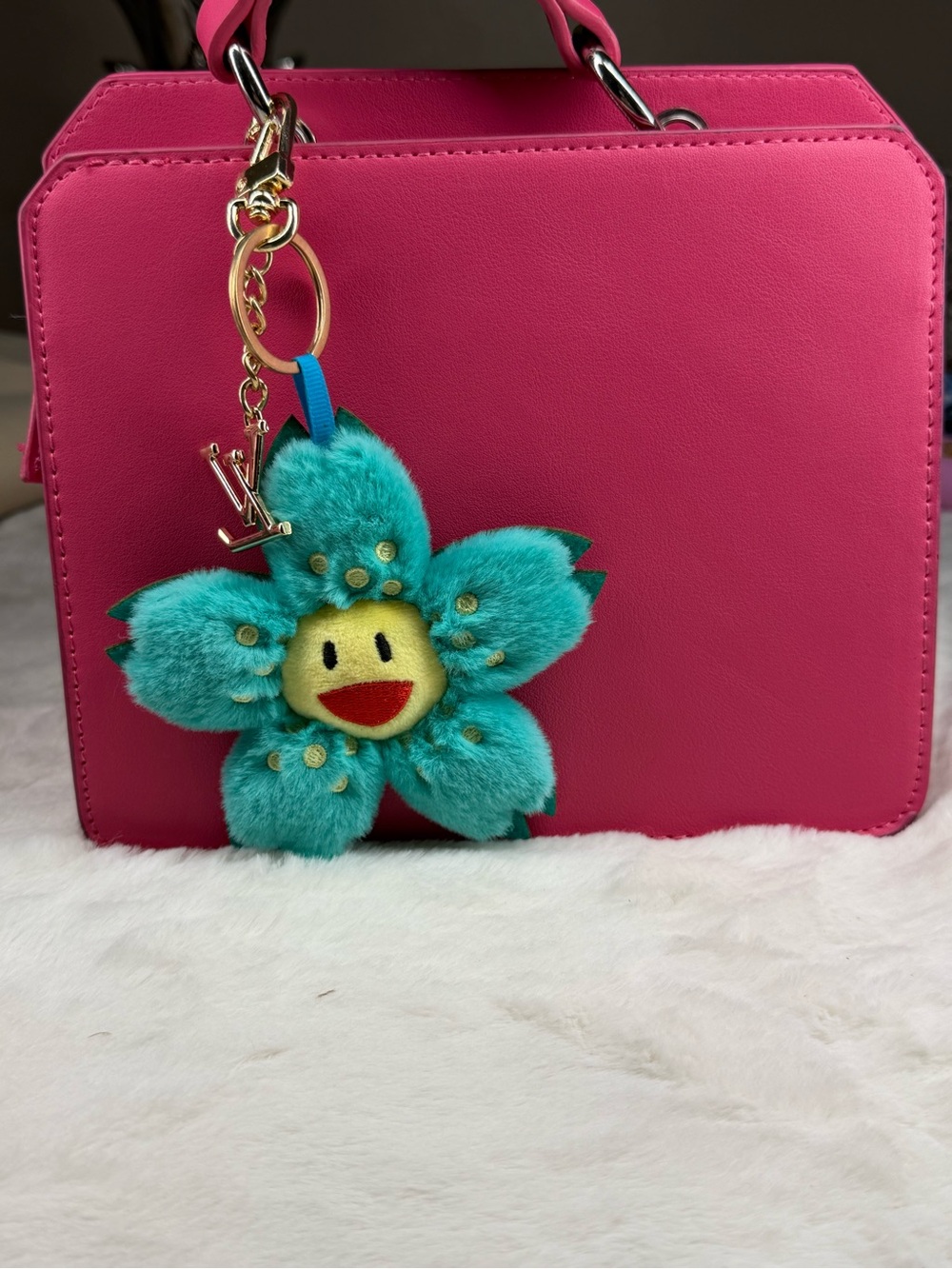 Keychain Sakura Teal Flower Fur Bag Charm with Gold LV Hardware